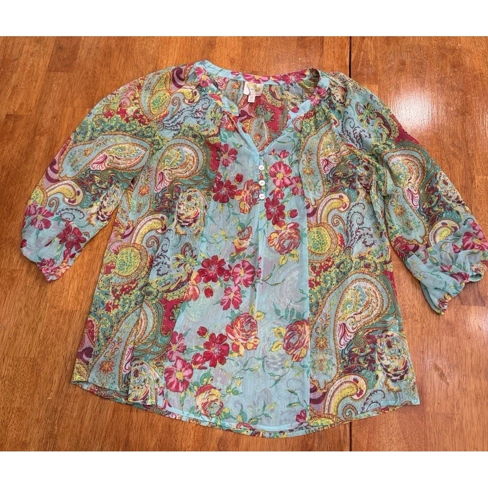 Fig and Flower Colorful Aqua Mixed Floral Semi Sheer Peasant Boho Top M